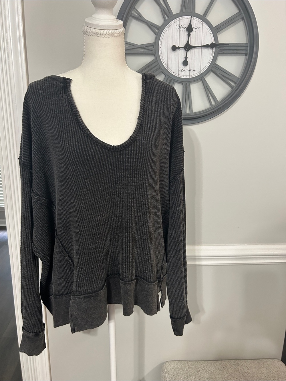Free People Cozy Washed Black Waffle Knit Pullover